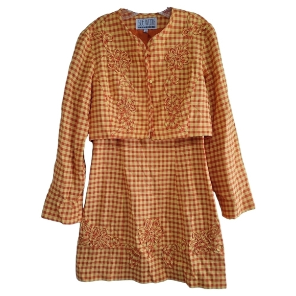 Sue Wong 90s Y2K Clueless Mini Dress Cropped Jacket Set Orange Yellow Gingham - Picture 9 of 10